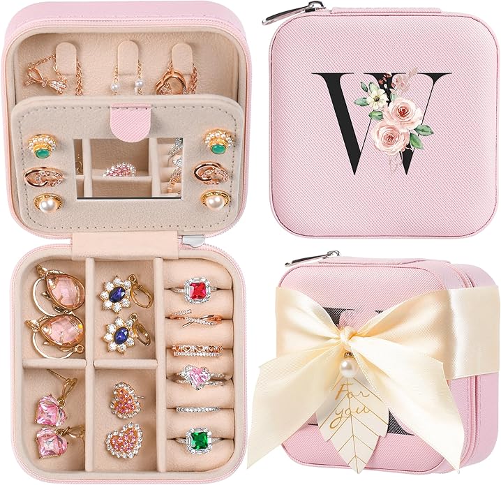 AYGXU Travel Jewelry Box for Women and Girls - Small Case With Initial A-Z - Teacher Gifts