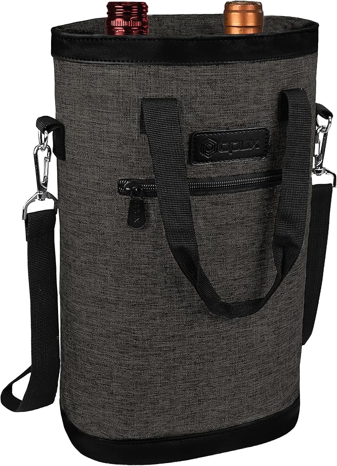 opux Two Bottle Wine Bag Carrier Tote, Insulated Leakproof 2 Bottle Wine Cooler Bag for Travel BYOB Picnic, Portable Wine Case, Gift for Men Women Wine Lover Birthday Party Christmas, Charcoal Gray