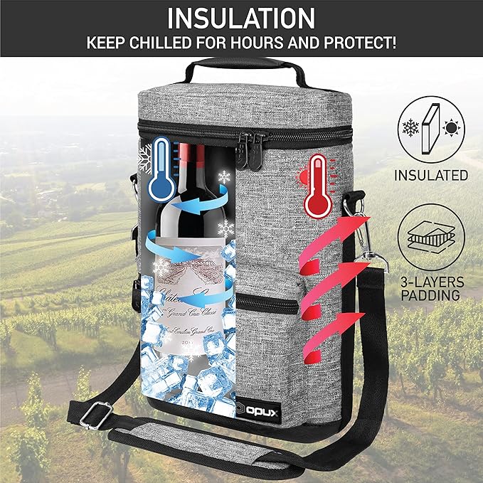 opux Wine Bag 2 Bottle Wine Tote Carrier, Insulated Wine Cooler Bag for Travel Picnic, Leakproof Portable Padded Case, Wine Gifts For Women Men Wine Lovers Christmas, Heather Gray