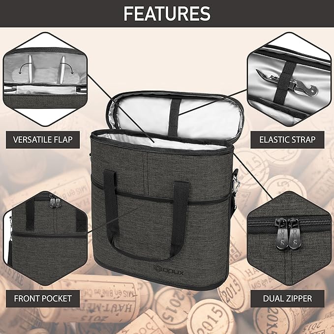 opux 3 Bottle Wine Carrier Tote, Insulated Leakproof Wine Cooler Bag, Wine Travel Bag for Picnic BYOB Beach, Portable Wine Bottle Carrying Case, Gift for Wine Lover Women Men Christmas, Charcoal Grey