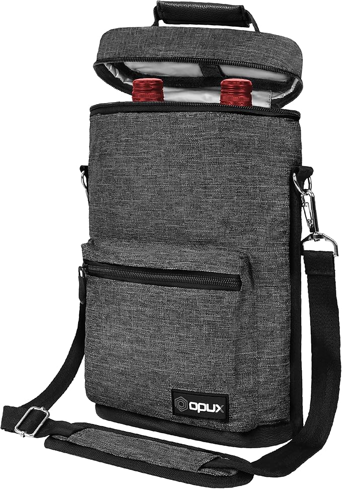 Opux 2 Bottle Wine Tote Carrier, Insulated Cooler Bag for Travel Picnic, Leakproof Padded Case, Wine Gifts for Women & Men, Charcoal Gray