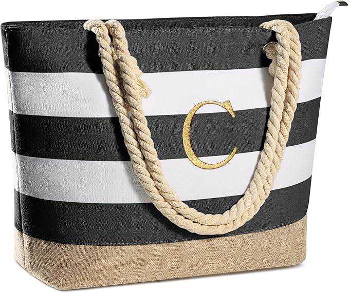 YOOLIFE Initial Canvas Waterproof Beach Tote Bag Zipper Personalized Gifts for Women Her Birthday Travel Beach Essential