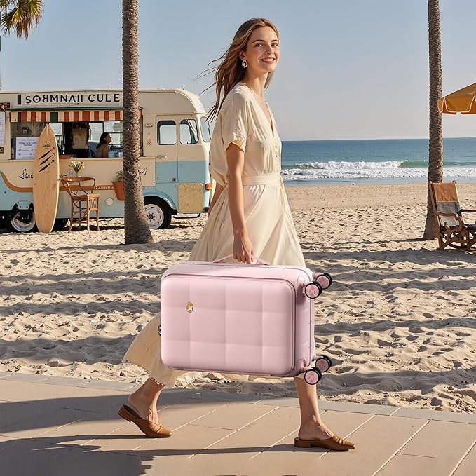 MGB 20 Inch Top Open Carry On Luggage 22x14x9 Airline Approved, 100% PC Hard Shell Carry On Suitcase with Spinner Wheels, Front Opening Travel Luggage for Women Men Gifts. Pink