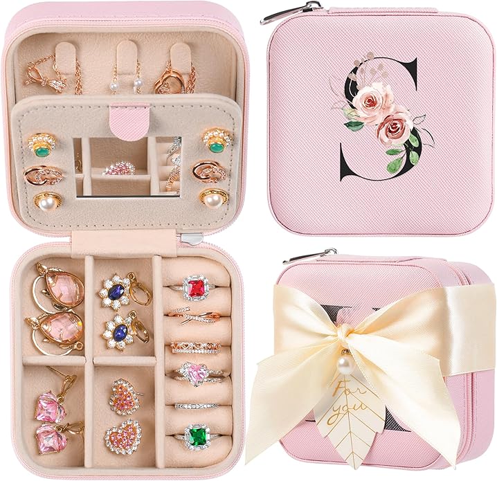AYGXU Travel Jewelry Box for Women and Girls - Small Case With Initial A-Z - Teacher Gifts