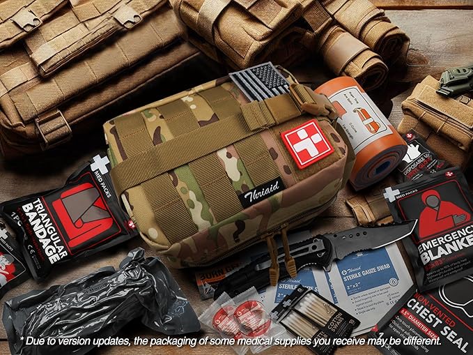 Survival First Aid Kit with Israeli Bandage, Splint, Chest Seal, Tactical Military Combat Molle IFAK for Wound Care, Bleeding Control, Trauma Hemorrhage and More