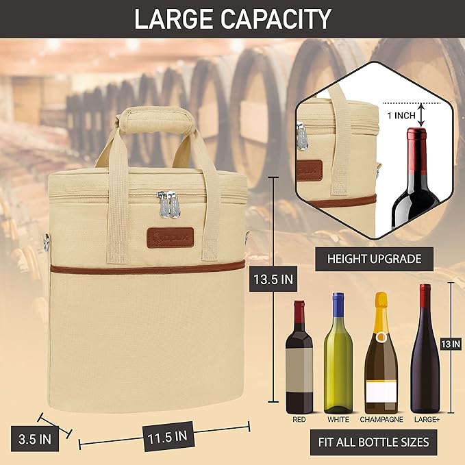 OPUX 3 Bottle Wine Carrier Tote, Insulated Leakproof Wine Cooler Bag, Wine Travel Bag Tote for Picnic Beach, Portable Wine Bottle Carrying Case, Gift for Wine Lover Women Men Christmas, Beige Cream