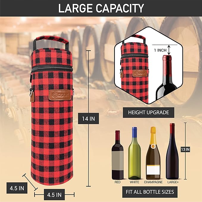 opux Wine Bag Single Bottle Carrier Tote, Insulated Wine Cooler Bag for Travel Picnic Beach with Shoulder Strap, Thermal One Bottle Holder Carrying Case Wine Gift for Women Men, Plaid Buffalo Red