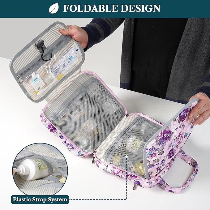 PAVILIA Hanging Toiletry Bag Travel Bag Women Men, Foldable Cosmetic Organizer, Roll up Makeup Bag, Water Resistant Accessories Toiletries, Large Travel Essentials Kit (Purple Floral)