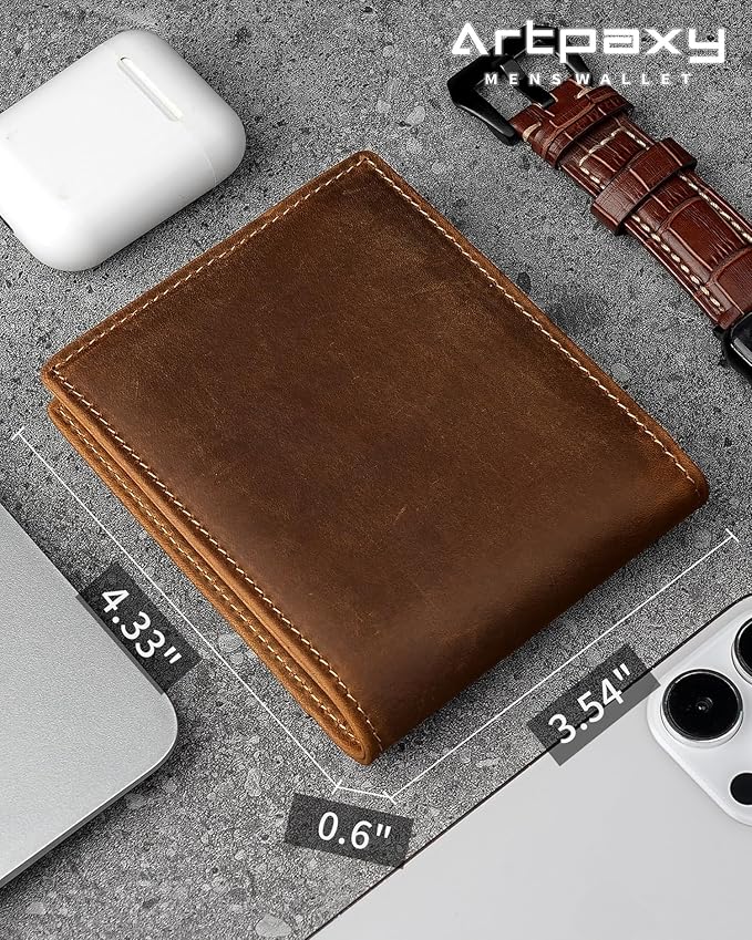 Mens Wallet Genuine Leather Bifold RFID Blocking Wallet for Men with 1 ID Window 13 Card Holders 2 cash pockets 1 Gift Box