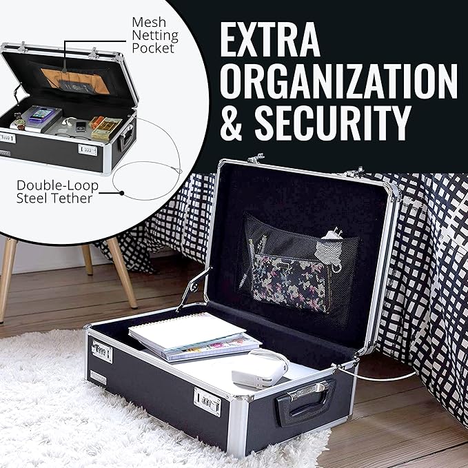 Vaultz Storage Lock Box - 6.5 x 23 x 13.5 Inch - Secure Dorm Storage Trunk with Combination Lock - Ideal Briefcase, Medicine Box, and Personal Item Lock Box - Store Cash, Laptop - Black/Silver