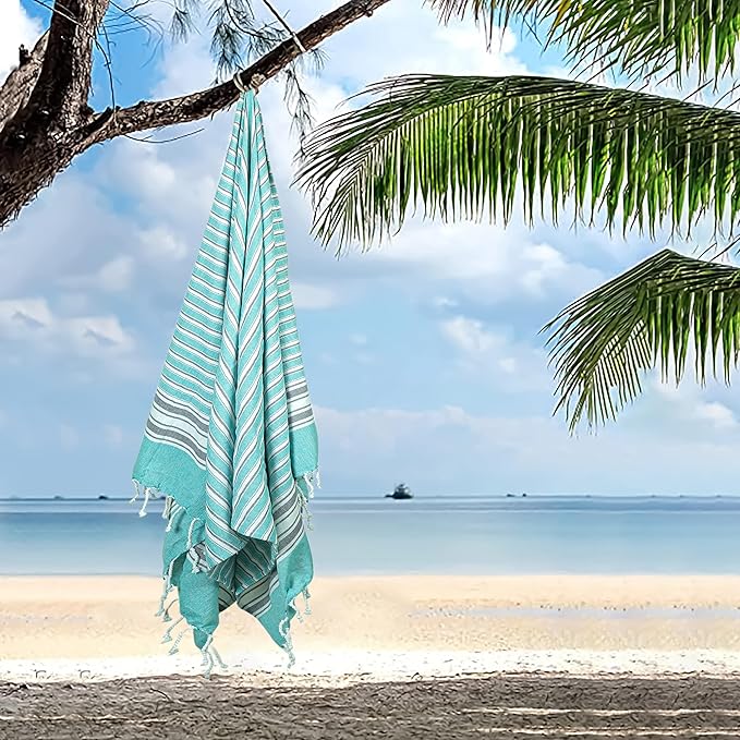 HILLFAIR Cotton Turkish Beach Towels, Quick Dry Lightweight Sand Free Peshtemal Towel for Bath Swim Yoga Pool Travel, Beach Accessories, Oversized Cotton Turkish Towel (39 x 72 inch- 4 Pack Aqua Grey)