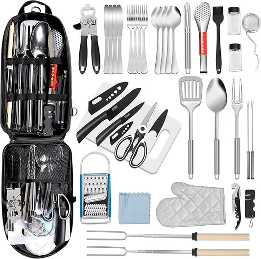 35 Pcs Camping Kitchen Utensil Set Outdoor Kitchen Gear, Outdoor Cooking and Grilling Utensil Travel Set Perfect for Camping Accessories Cooking, RV Camp. Camping, BBQs, Parties and More