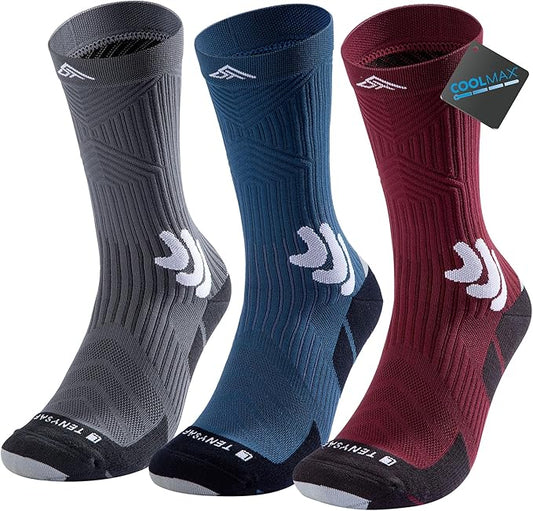 Men's Compression Running Socks: Coolmax Athletic Crew Socks Moisture Wicking Anti-Blister Cushion for Hiking 3 Pairs