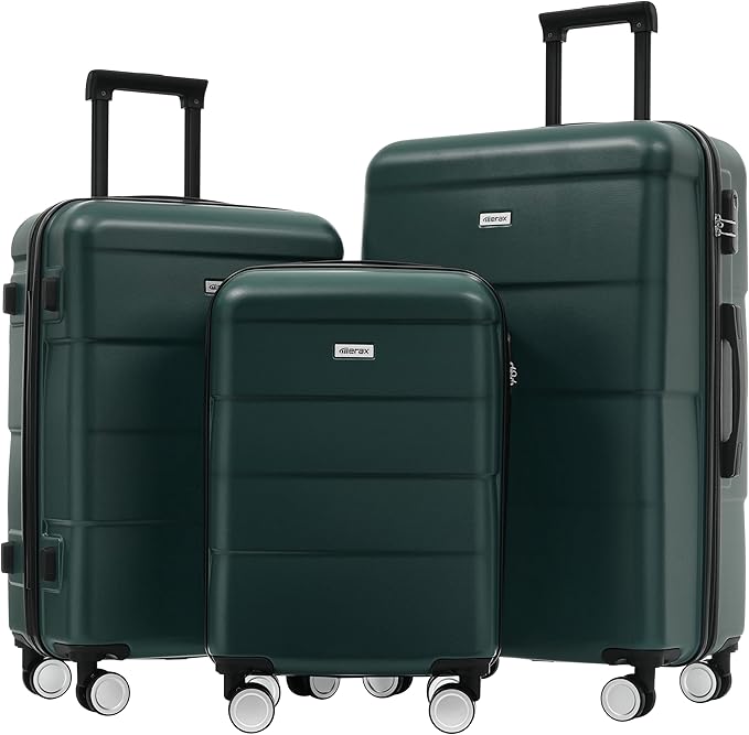Merax Luggage Sets of 3 Piece Carry on Suitcase Airline Approved,Hardcase Suitcase Set with Double Spinner Wheels,Dark Green