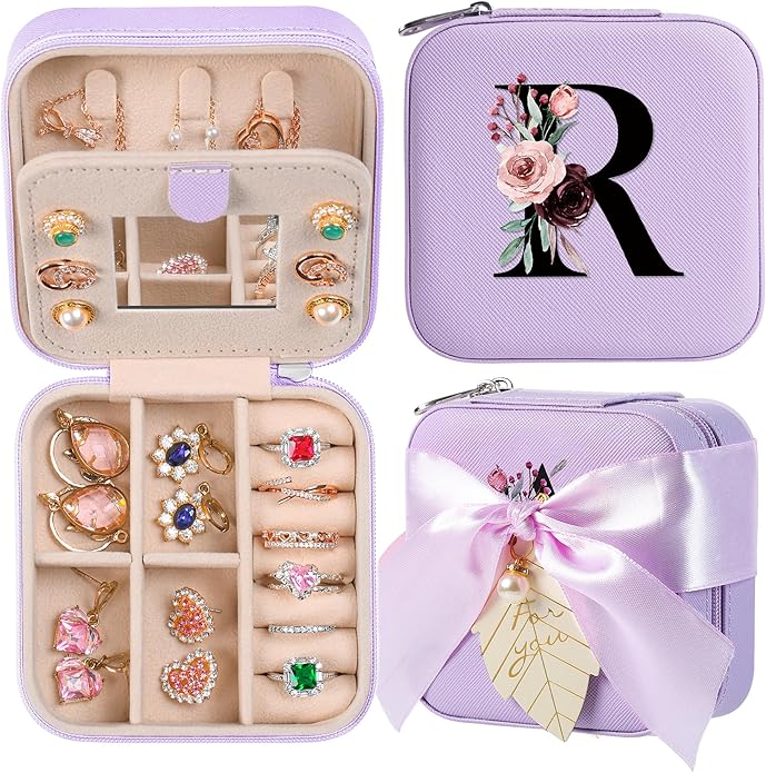 AYGXU Travel Jewelry Box for Women and Girls - Small Case With Initial A-Z - Teacher Gifts