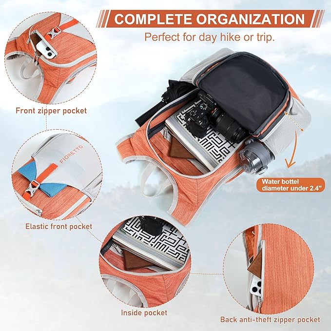 FIORETTO 15L Hiking Backpack for Women Men Mini Packable Backpack Lightweight Small Daypack for Camping Travel Outdoor, Orange
