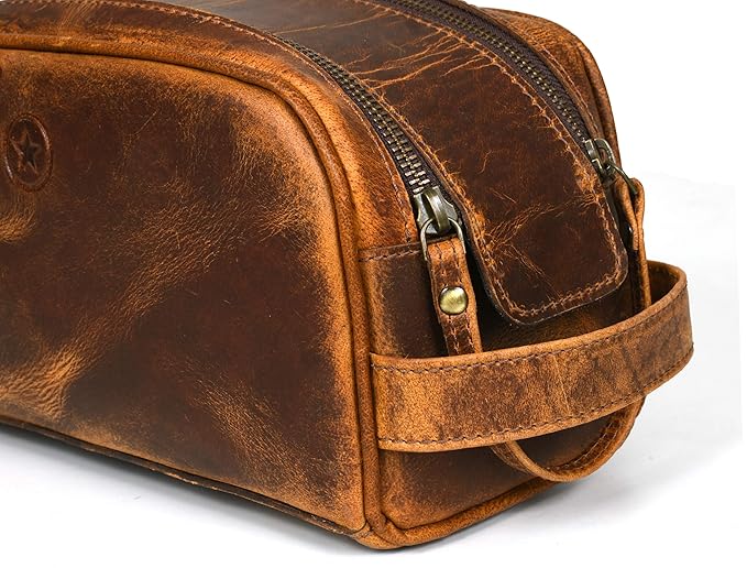10" Premium Leather Toiletry Travel Pouch With Waterproof Lining | King-Size Handcrafted Vintage Dopp - Kit ~ Gift for Father's Day By Aaron Leather Goods (Copper)