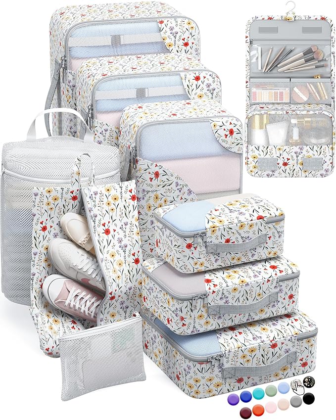 ALL INCLUDED 10 Set Durable Packing Cubes for Suitcases,OlarHike Essentials for Travel,UPGRADED Anti-Tear Stitching, NEW Improved Luggage Packing Organizers for Travel Accessories (Flower)