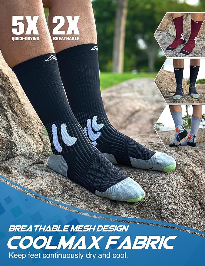 Men's Compression Running Socks: Coolmax Athletic Crew Socks Moisture Wicking Anti-Blister Cushion for Hiking 3 Pairs