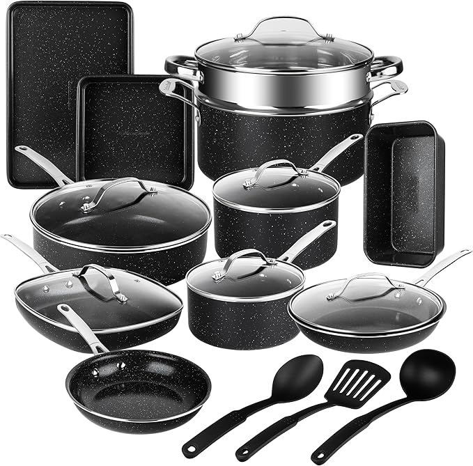 Granitestone 20 Pc Ceramic Cookware Set Nonstick, Complete Pots and Pans Set Non Stick for Kitchen with Bakeware, Cooking Utensils & Steamer, Non Toxic Made Without PFOA PFOS, Oven & Dishwasher Safe