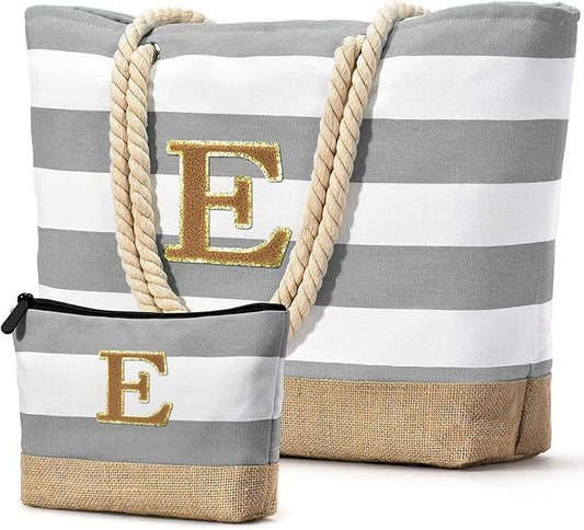 Becokan Beach Bag Initial Beach Tote with Makeup Bag for Travel Work Storage Personalized Birthday Gifts for Women Her