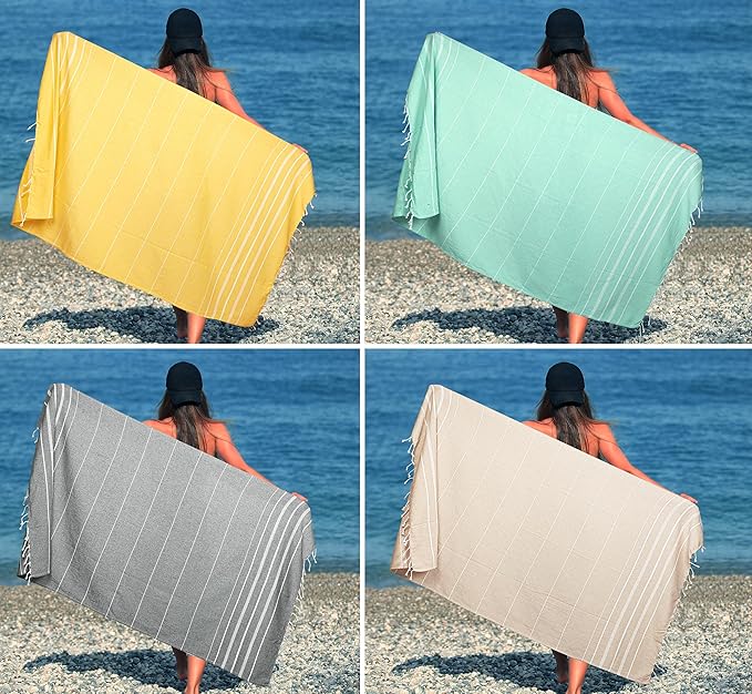 HILLFAIR Cotton Turkish Beach Towels, Quick Dry Lightweight Sand Free Peshtemal Towel for Bath Swim Yoga Pool Travel, Beach Accessories, Oversized Turkish Towel (39 x 72 inch- 4 Pack Multicolor)