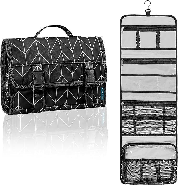 PAVILIA Travel Hanging Toiletry Bag for Women Men, Large Capacity Makeup Bag Kit, Waterproof Cosmetic Storage Organizer Case for Bathroom Shower, Black