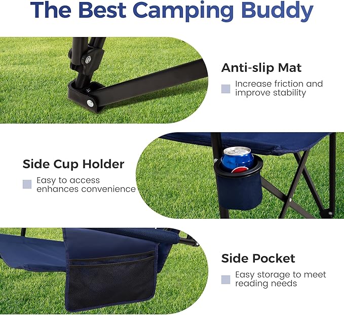 ALPHA CAMP Heavy Duty High Back Camping Chairs with Cup Holder Oversized Folding Chair Outdoor Chair with Headrest,Lawn with Side Pocket for Lawn, Sports and Fishing, 500lbs