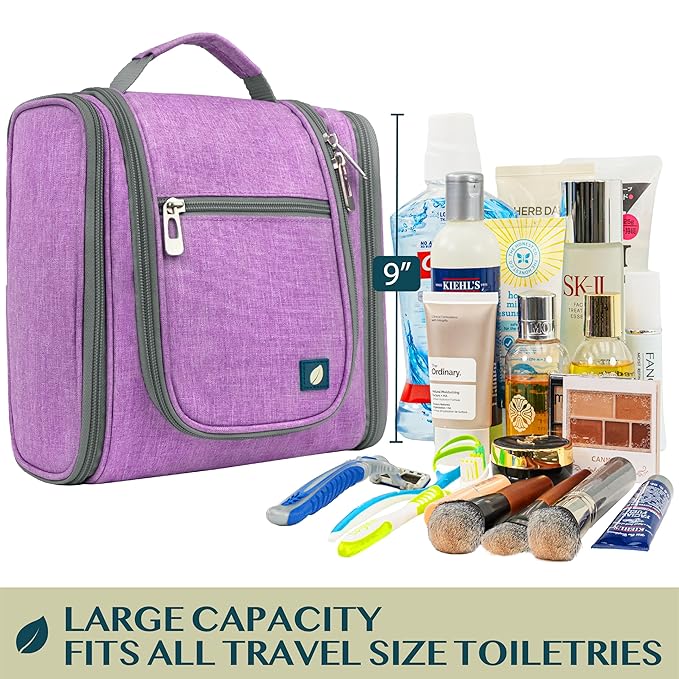 PAVILIA Toiletry Bag Travel Bag for Women Men, Hanging Cosmetic Organizer, Water Resistant Makeup Bag for Accessories Toiletries, Large Travel Essentials Kit (Purple)