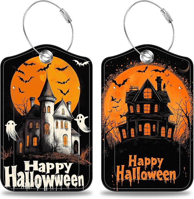 2 Pack Bat and Ghost Luggage Tags for Suitcases Happy Halloween Castle Leather Luggage Tags Privacy Cover ID Label with Stainless Steel Loop and Address Card for Women Men Travel Bag Backpack