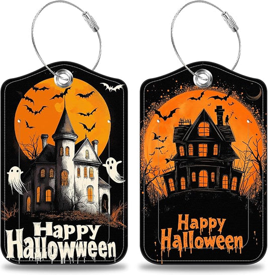2 Pack Bat and Ghost Luggage Tags for Suitcases Happy Halloween Castle Leather Luggage Tags Privacy Cover ID Label with Stainless Steel Loop and Address Card for Women Men Travel Bag Backpack