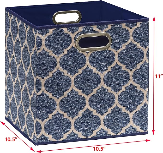 SIMPLE HOUSEWARE 11-Inch Collapsible Fabric Cube Storage Bin with Handles, Printed Design, 6 Pack, Steel Blue