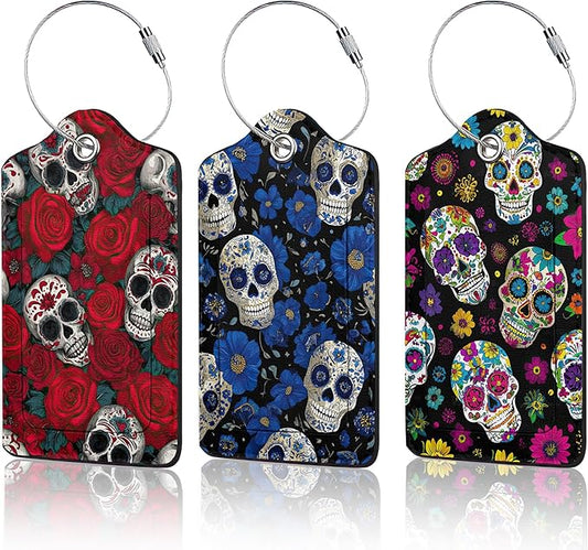 3 Pack PU Sugar Skull and Flowers Leahter Luggage Tag with Stainless Steel Loop,Travel Suitcase Labels with Privacy Cover ID Label Quickly Spot for Bags