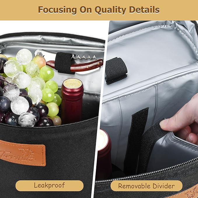 Tirrinia 2 Bottle Wine Gift Tote Carrier - Leakproof & Insulated with Large Pockets Wine Cooler Bag for Travel, Tasting, Party, Dinner