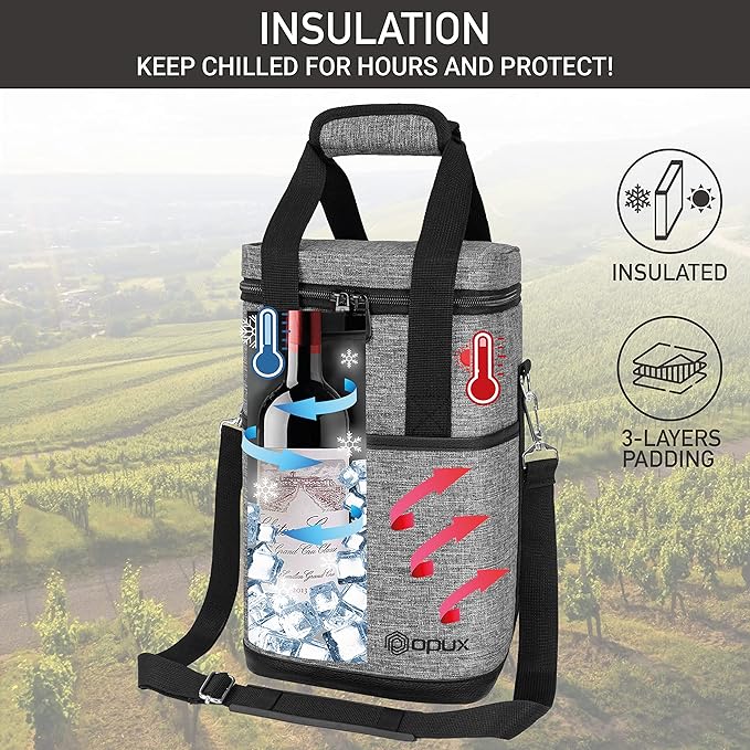Opux 4 Bottle Insulated Wine Cooler Bag - Leakproof Padded Portable Wine Bottle Tote for Travel Picnic BYOB - Heather Gray