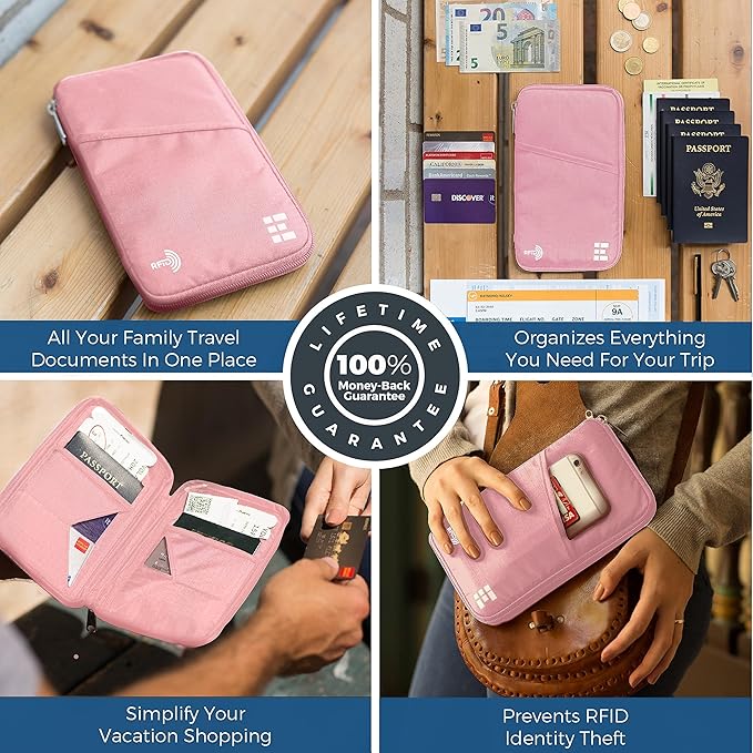 Passport Holder Family up to 6 Passports, Large Passport Wallet and Premium Travel Document Holder Organizer with RFID Anti-Theft Blocking - 7 Bonus RFID Blocking Sleeves - Rose