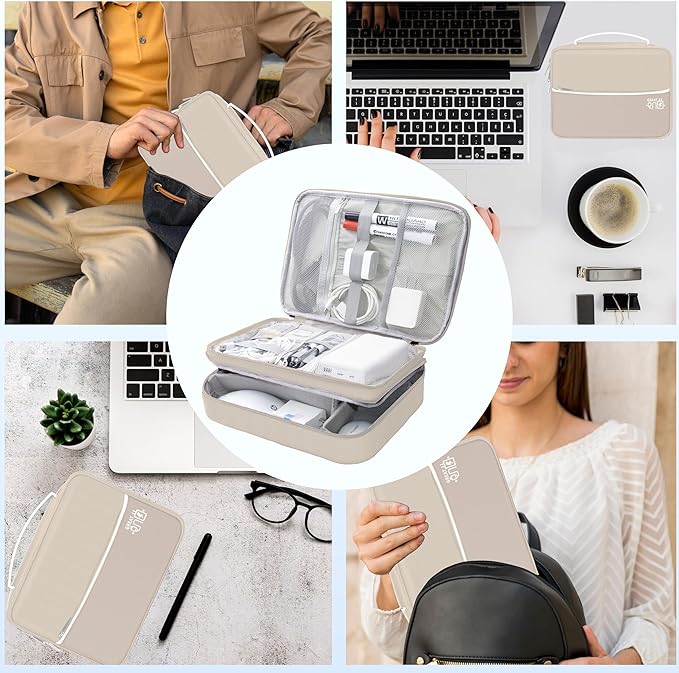 Electronics Organizer, Portable Cable Organizer Bags, Waterproof Electronic Accessories Storage Case for Cables, Cords, Charger, Phone (Three Layer-Beige)