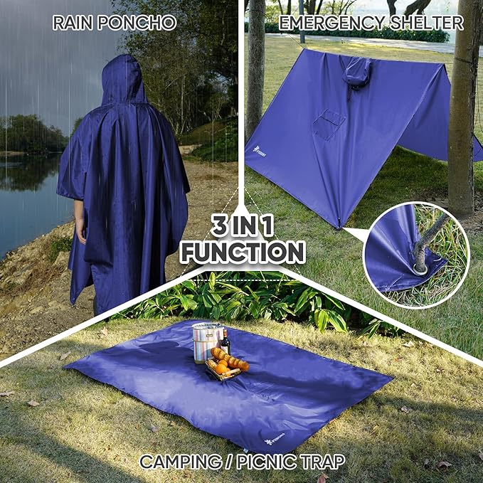 PTEROMY Hooded Rain Poncho for Adult with Pocket, Waterproof Lightweight Unisex Raincoat for Hiking Camping Emergency