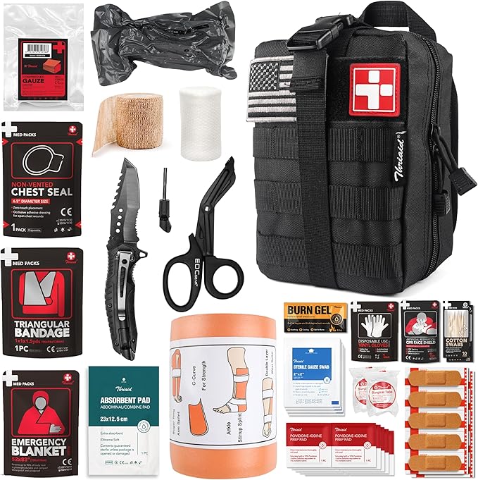 Survival First Aid Kit with Israeli Bandage, Splint, Chest Seal, Tactical Military Combat Molle IFAK for Wound Care, Bleeding Control, Trauma Hemorrhage and More