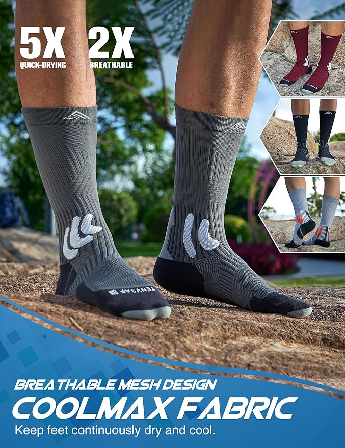 Men's Compression Running Socks: Coolmax Athletic Crew Socks Moisture Wicking Anti-Blister Cushion for Hiking 3 Pairs