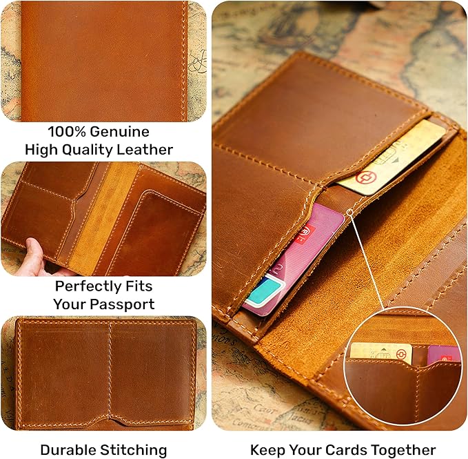 HIFA Leather Passport Holder, Handmade Passport Cover with Card and Ticket Slot - Genuine Leather, Elegant Design, Easy Access - Passport Case, Passport Wallet, Passport Holder