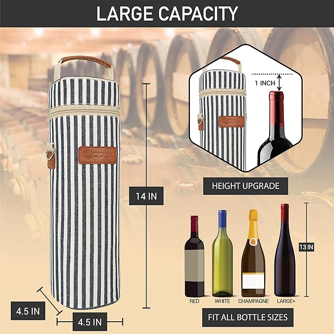 opux Wine Bag Single Bottle Carrier Tote, Insulated Wine Cooler Bag for Travel Picnic Beach with Shoulder Strap, Thermal One Bottle Holder Carrying Case Gift for Women Men, Navy White Stripes