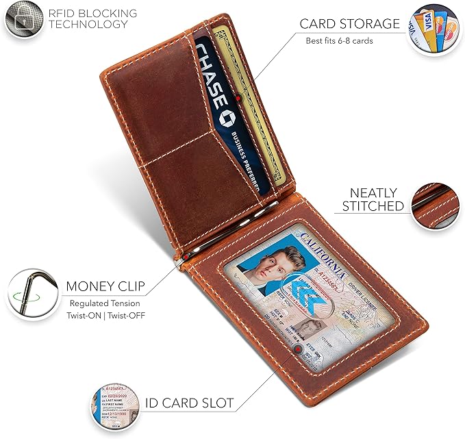 SERMAN BRANDS RFID Blocking Wallet Slim Bifold - Genuine Leather Minimalist Front Pocket Wallets for Men with Money Clip Gift