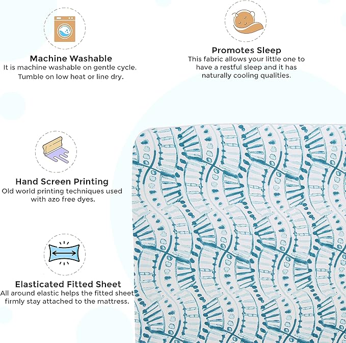 Crane Baby Soft Cotton Crib Mattress Sheet, Fitted Sheet for Cribs and Toddler Beds, Indigo Blue, 28”w x 52”h x 9”d
