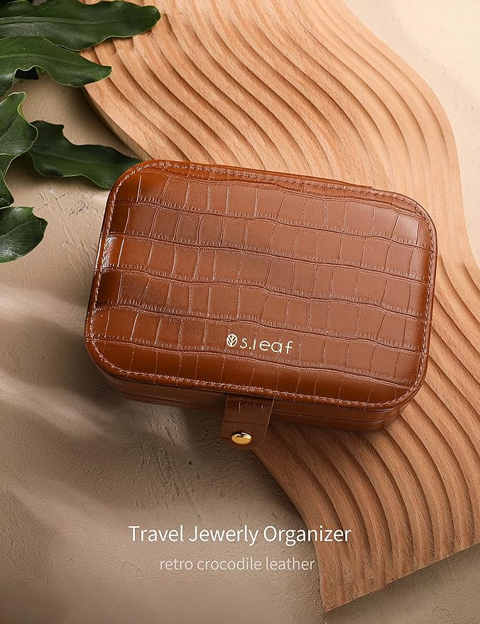 S.Leaf Travel Jewelry Organizer Travel Jewelry Boxes for Women Small Jewelry Travel Case Box Portable Travel Jewelry Case Travel Case Mini Jewelry (15_Crocodile_Brown_Big)