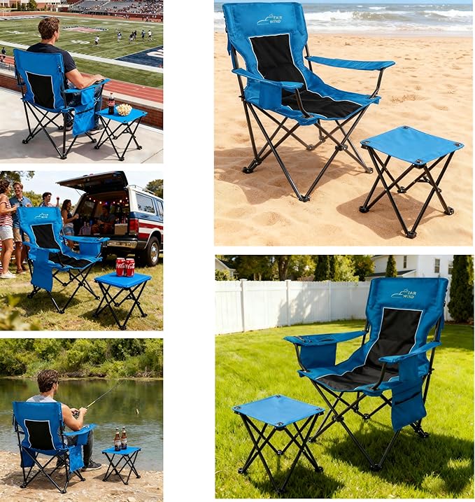 FAIR WIND Oversized Padded Camping Chair with Footrest Stool Heavy Duty Cooler Bag Chair for Fishing, Tailgating, Sports Games, Backyard - Support 300 LBS Blue