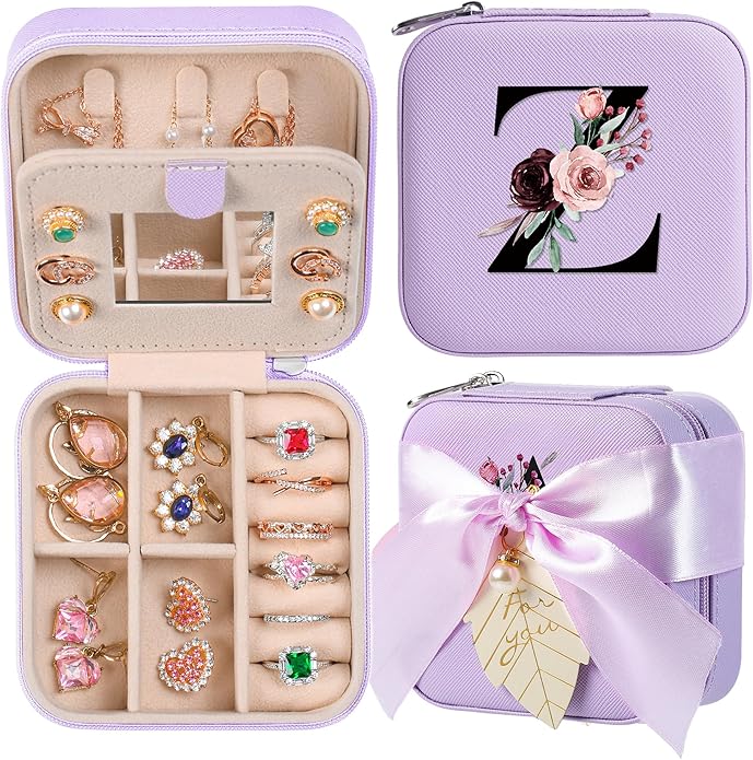 AYGXU Travel Jewelry Box for Women and Girls - Small Case With Initial A-Z - Teacher Gifts