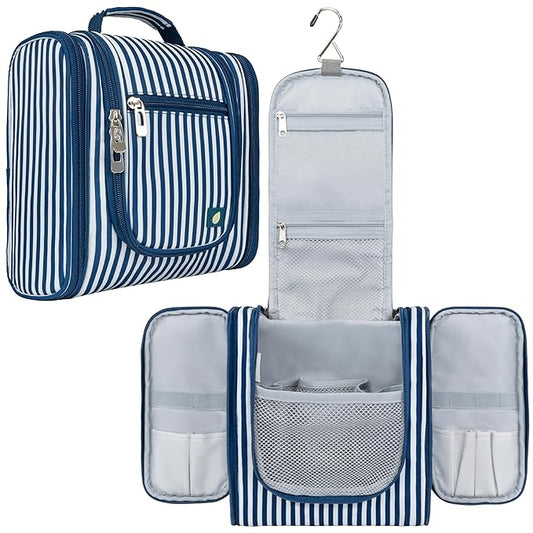PAVILIA Toiletry Bag Travel Bag for Women Men, Hanging Cosmetic Organizer, Water Resistant Makeup Bag for Accessories Toiletries, Large Travel Essentials Kit (Stripe Navy)