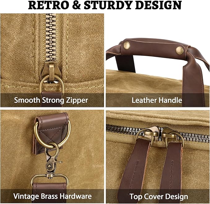50L Duffle Bag for Men, Nomad Waxed Canvas Travel Duffel Bag Vintage Genuine Leather Travel Handbag Upgraded Weekender Overnight Backpack with Shoes Compartment (Vintage Brown)