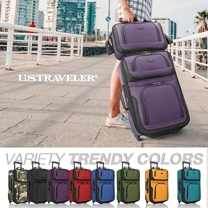 U.S. Traveler Rio Fabric Expandable Carry-on Luggage, Rolling Suitcase, Purple, 2 Wheel Set